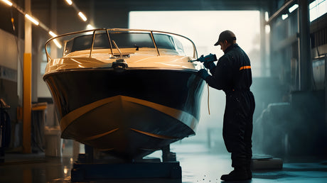 Ein Mann in Schutzkleidung arbeitet mit einer Farbspritzpistole an einem Motorboot in einer gut beleuchteten Werkstatt. Das Boot steht erhöht auf einem Gestell und wird offenbar lackiert oder poliert.