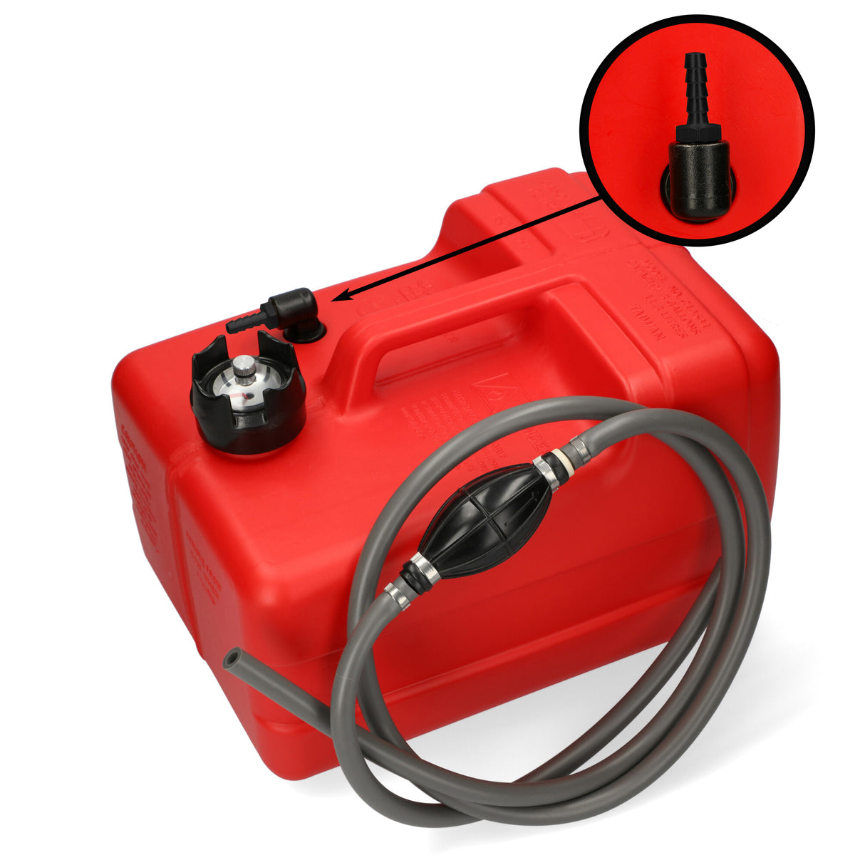 Red fuel tank, 8mm connection nipple, 2m hose, manual level indicator, ISO standard compliant, high chemical resistance for petrol and diesel -