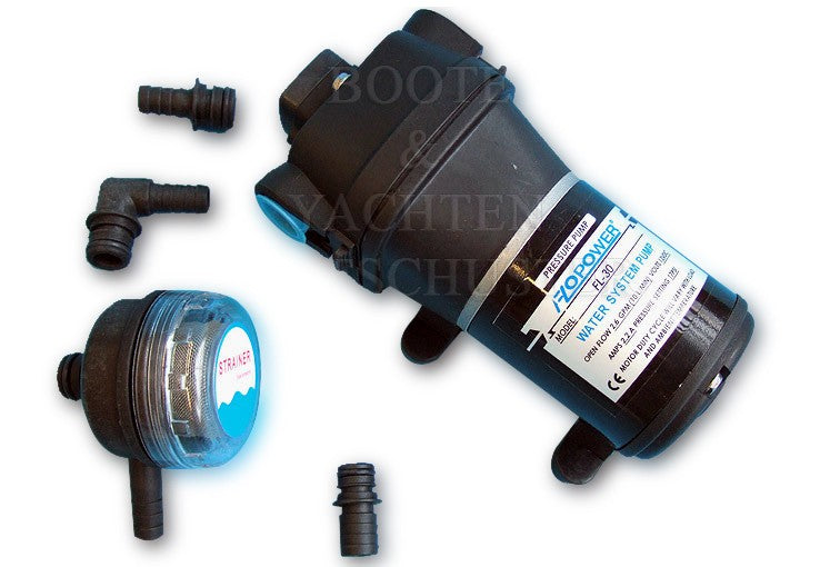 Flopower Druckwasserpumpe 10L/min 12 V, Wasserpumpe, trockenlaufsicher mit Filter & Anschlussstücken