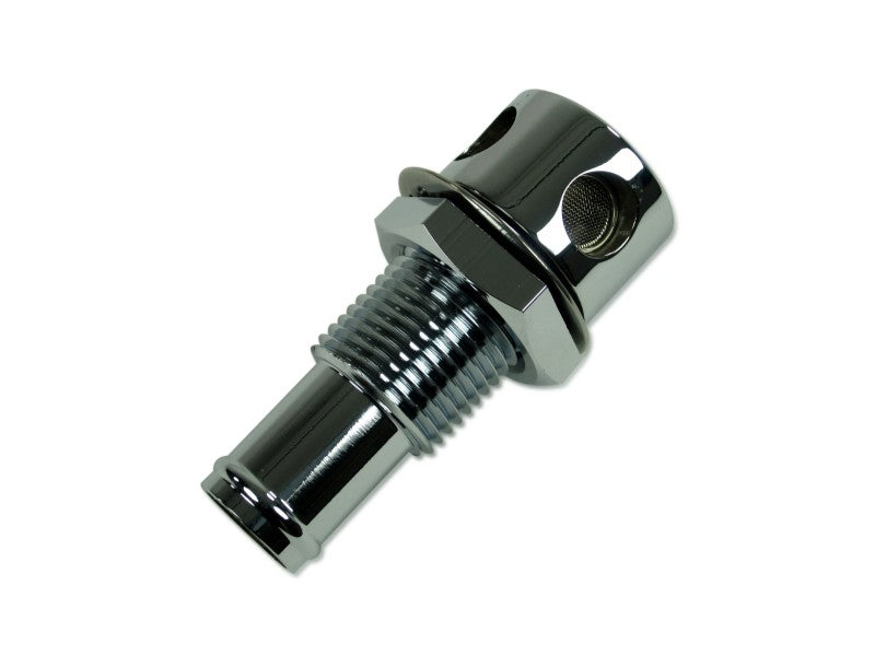 Chrome-plated brass vent with 16 mm hose connection, tank ventilation, straight version for wall thickness up to 15 mm