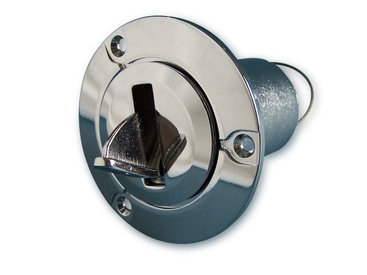 Tankeinfüllstutzen Messing verchromt 50 mm, Deckel gegen Verlust gesichert