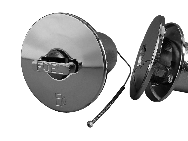 Tankeinfüllstutzen Benzin Messing verchromt 50 mm, Einfüllrohr, verdeckte Schrauben und verlustsicherer Verschlussdeckel