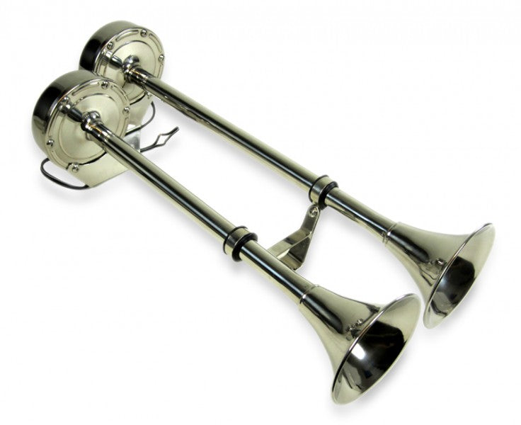 Double horn 12 V stainless steel highly polished, 460 mm vehicle horn, 100 dB signal strength