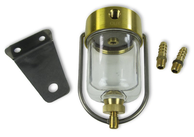 Brass petrol-water separator, fuel filter, max. 100 L/h flow rate, including 8 mm hose connection nipple