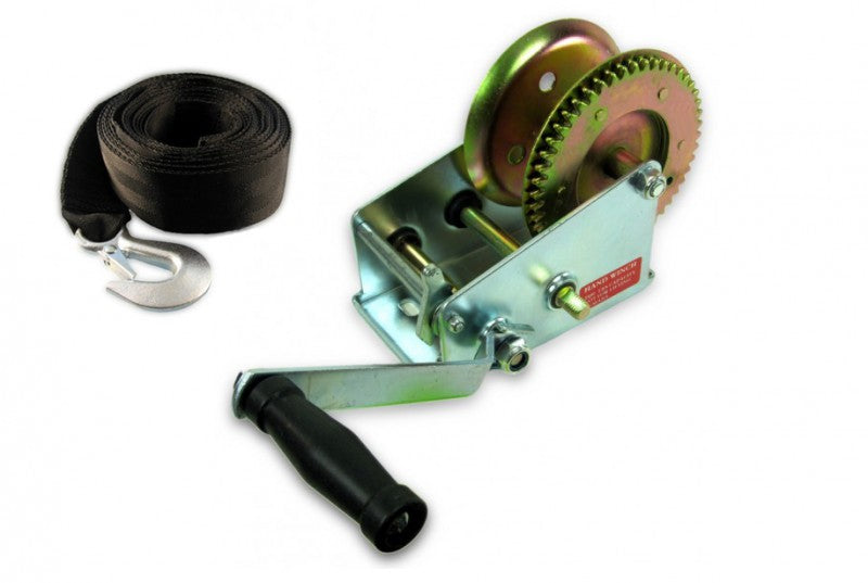 Trailerwinde Set 1125kg mit 7,5m Gurt, Anhängerwinde aus verzinktem Stahl, stabile Zahnräder und Zwei-Gang-System
