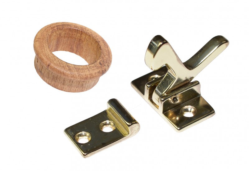 Kastentürverriegelung Messing poliert, Türverschluss, Teakholz-Grifflocheinfassung