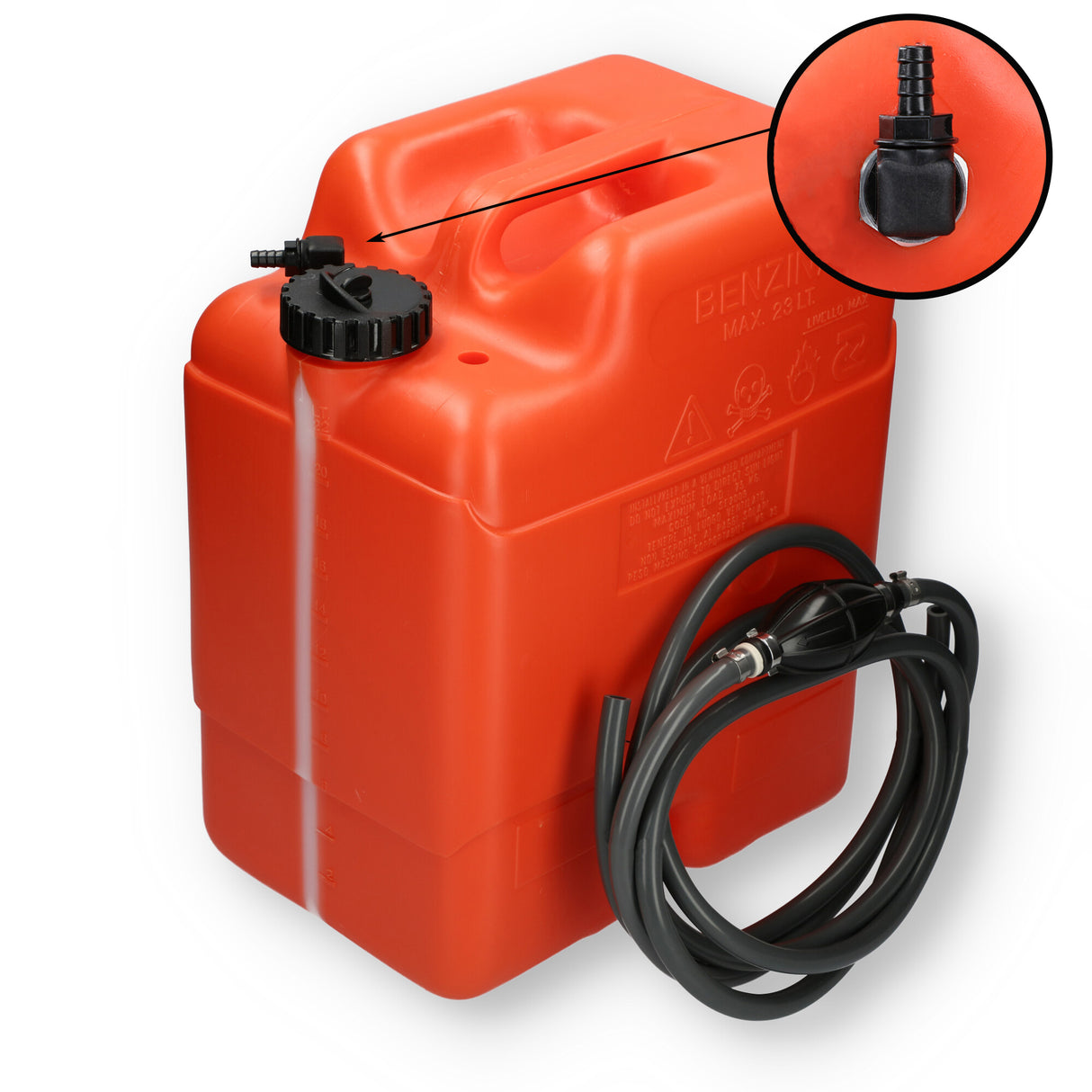 Kraftstofftank orange - HDPE Kraftstoffbehälter mit Anschlussnippel (8mm) und 3m Schlauch, ISO-zertifiziert - 23 Liter