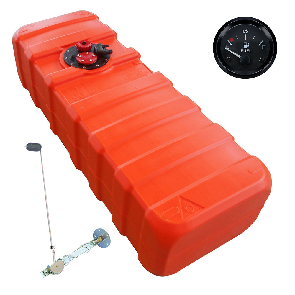 Eco-Line fuel tank orange, connection nipple 11mm, level indicator black, HDPE for petrol and diesel - 84 - 140 liters