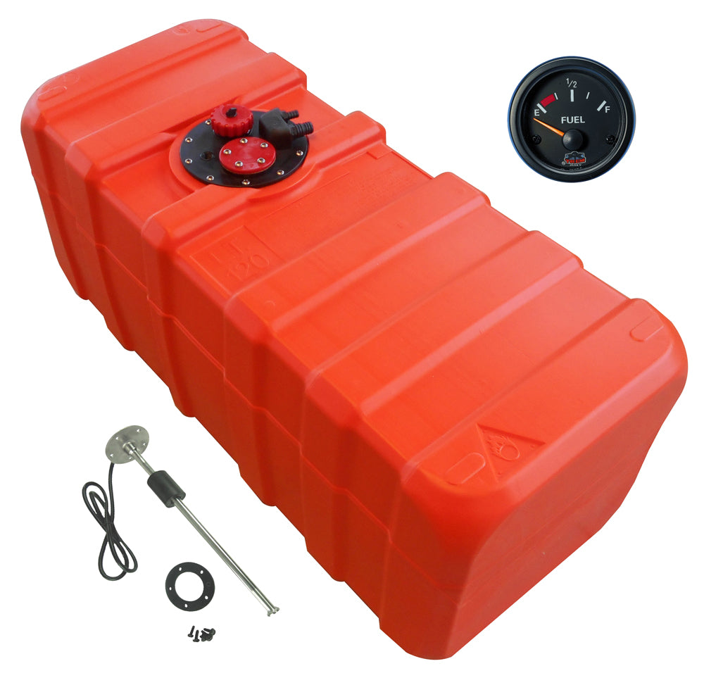 Kraftstofftank orange HDPE, Anschlussnippel 11mm, Füllstandsanzeige Gauge-Line schwarz, Chemiebeständig für Benzin & Diesel - 96 - 140 Liter