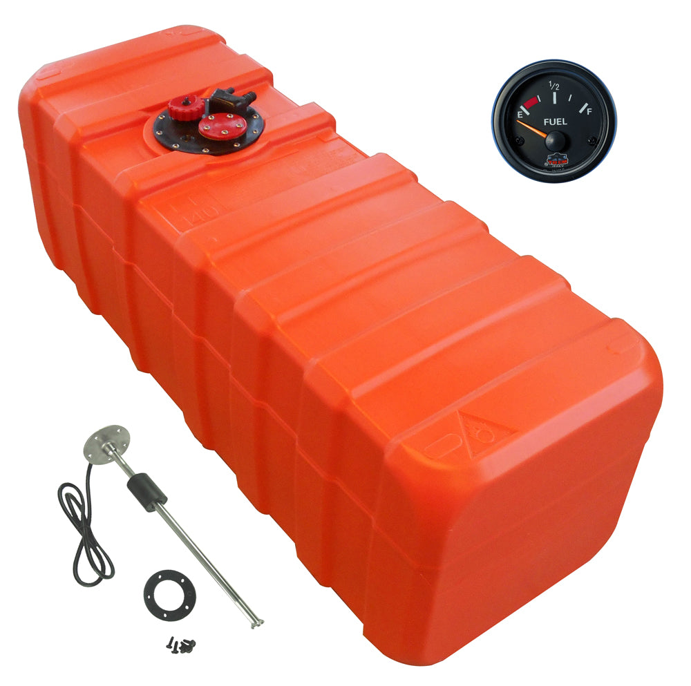 Kraftstofftank orange HDPE, Anschlussnippel 11mm, Füllstandsanzeige Gauge-Line schwarz, Chemiebeständig für Benzin & Diesel - 96 - 140 Liter