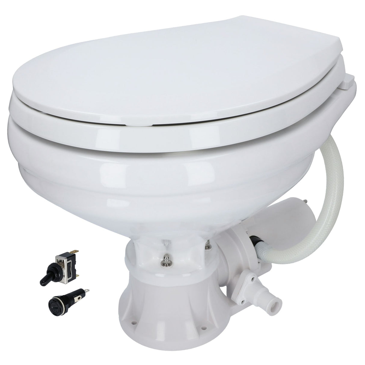 Elektrische Bordtoilette 12V, kompakt mit emailliertem Porzellanbecken, inklusive Schnellverschlusspumpe für einfache Reinigung - (Optional mit Pumpe, Ersatzhandpumpe, Servicekit, Befestigungskit, Ersatzverschluss)