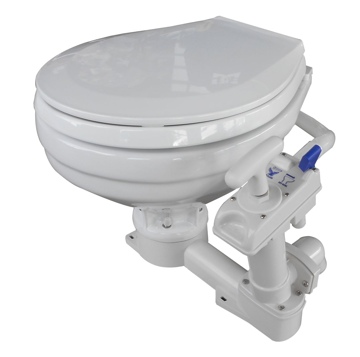 Elektrische Bordtoilette 12V, kompakt mit emailliertem Porzellanbecken, inklusive Schnellverschlusspumpe für einfache Reinigung - (Optional mit Pumpe, Ersatzhandpumpe, Servicekit, Befestigungskit, Ersatzverschluss)