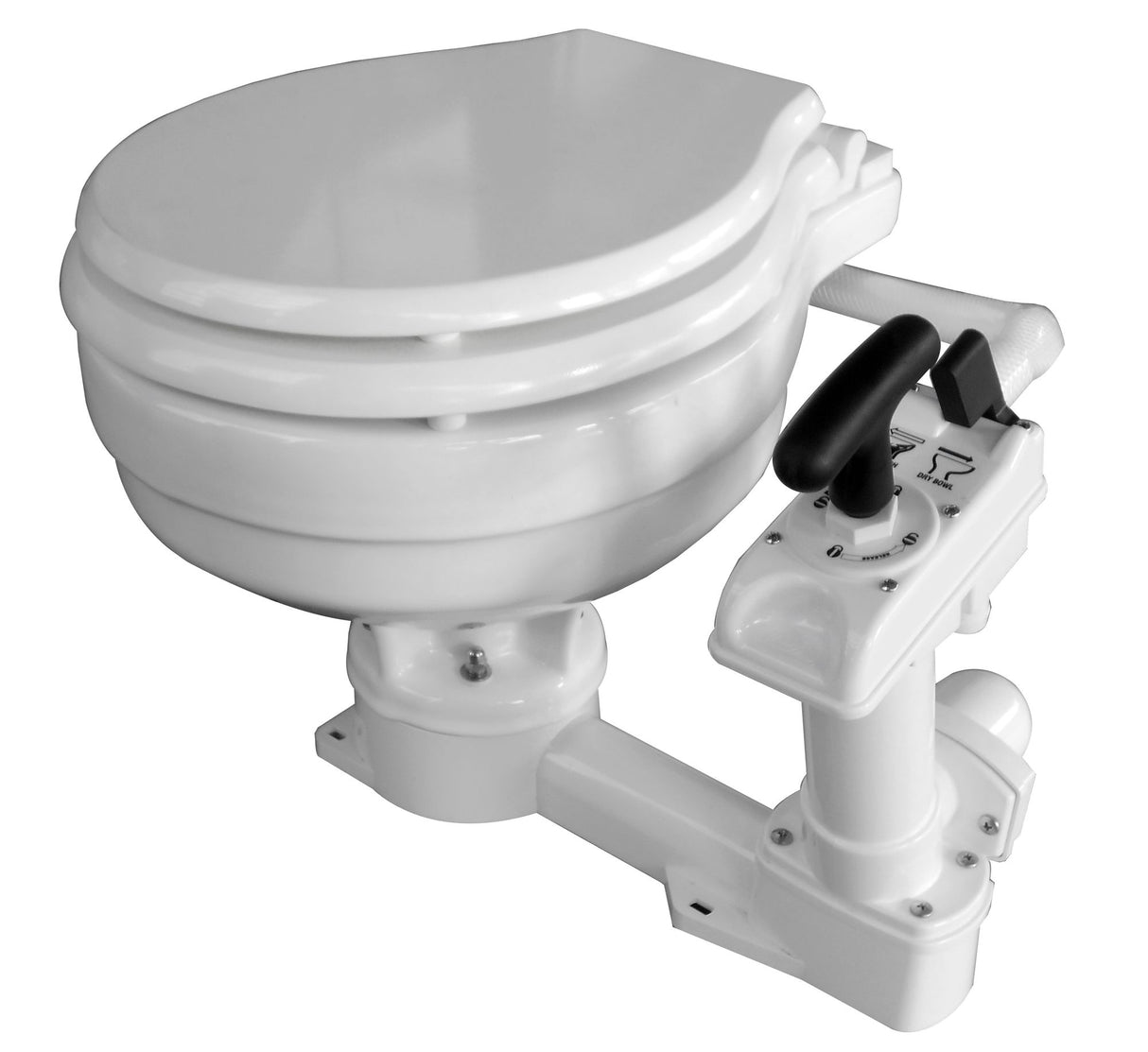 Elektrische Bordtoilette 12V, kompakt mit emailliertem Porzellanbecken, inklusive Schnellverschlusspumpe für einfache Reinigung - (Optional mit Pumpe, Ersatzhandpumpe, Servicekit, Befestigungskit, Ersatzverschluss)