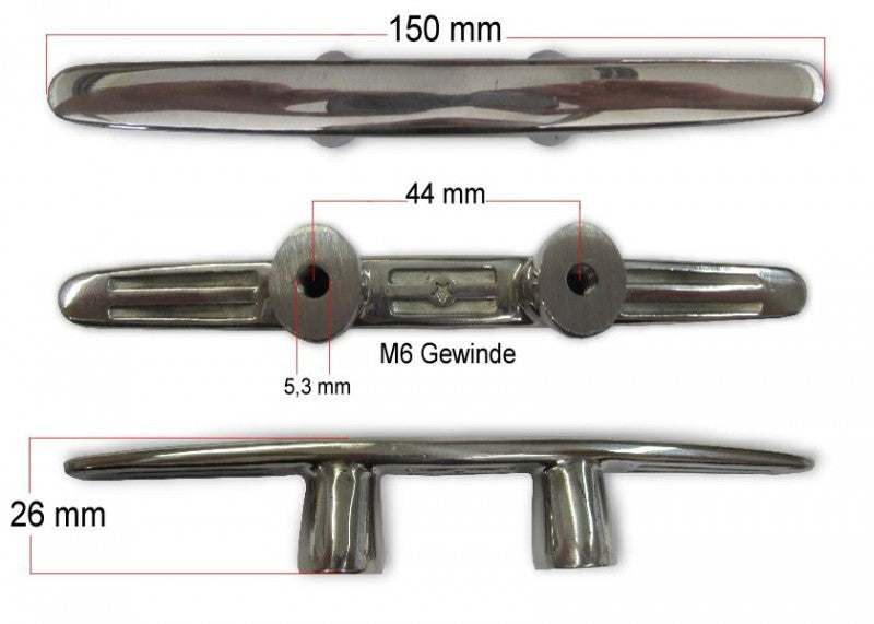 Edelstahl Klampe 150mm, Bootsbeschlag, hochglanzpoliert USP: M6 Gewinde