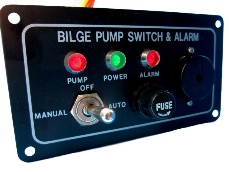 Bilgewasseralarm Schalter mit Wahlschalter 12/24V, Alarmmodul, Kippschalter auto/manuell, inkl. Glassicherung 10A, mit Pumpe-, Power-, Alarmanzeige
