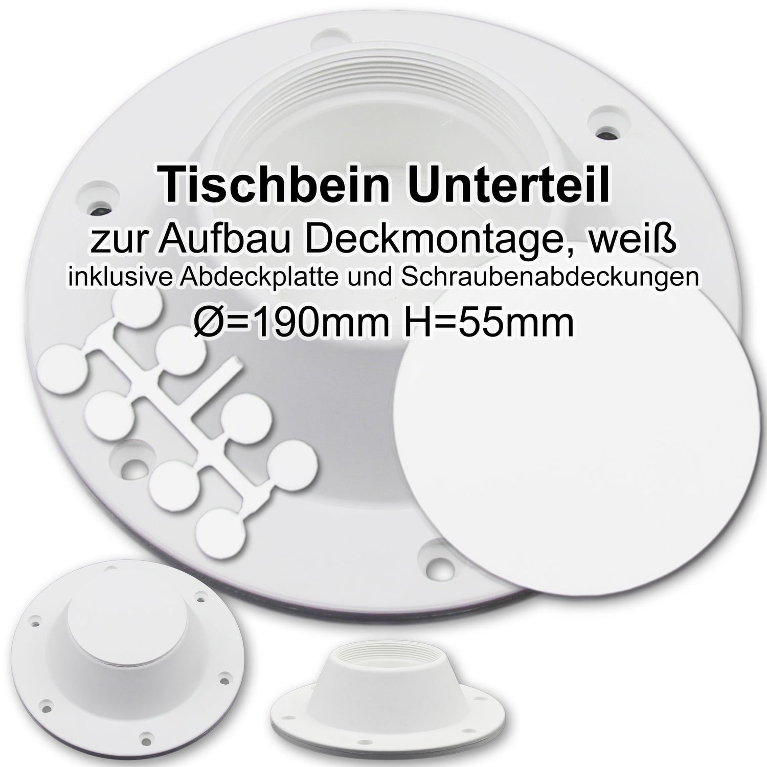 Kunststoff Tischbeinunterteil Deckaufbau 53mm hoch, Montagesystem, inklusive Abdeckungen - (Optional mit Abdeckungen)