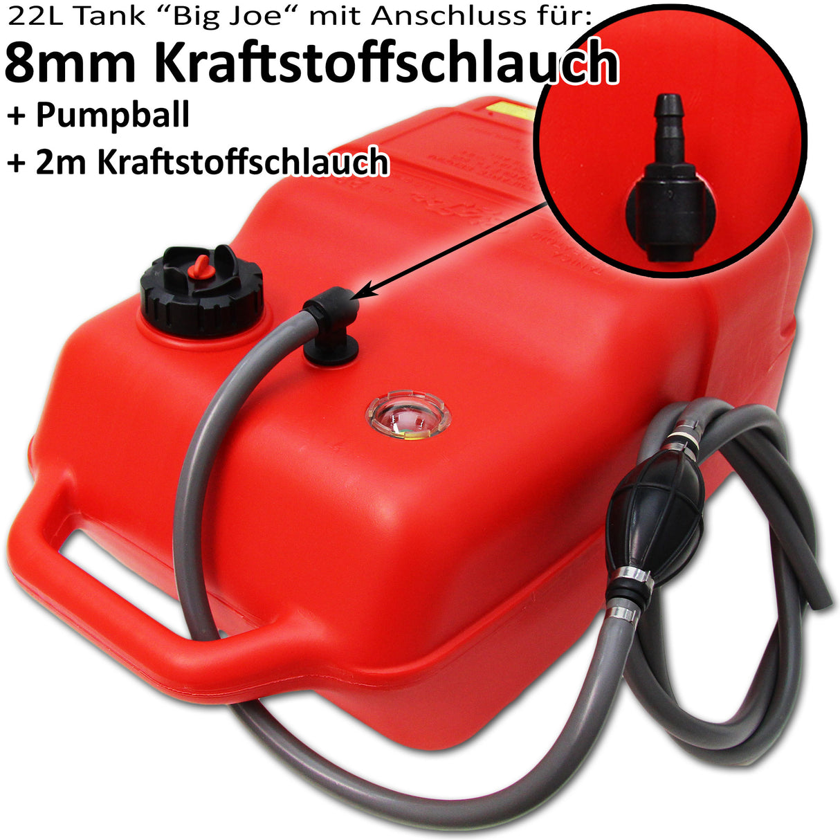 Red fuel tank, 8mm connection nipple, 2m hose, manual level indicator, ISO standard compliant, high chemical resistance for petrol and diesel -