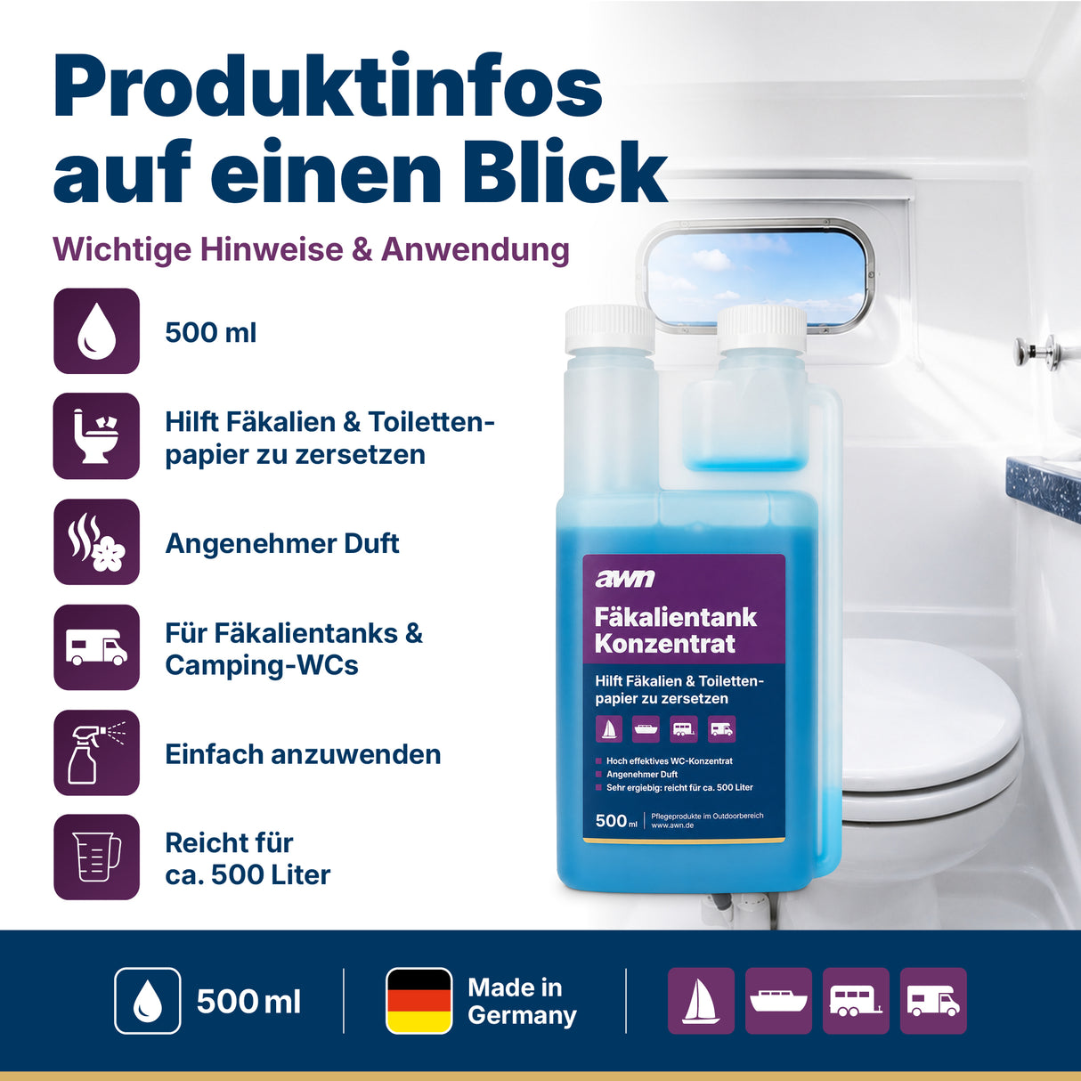awn Fäkalientank Konzentrat, für Camping-WC & Bootstoilette, 500 ml