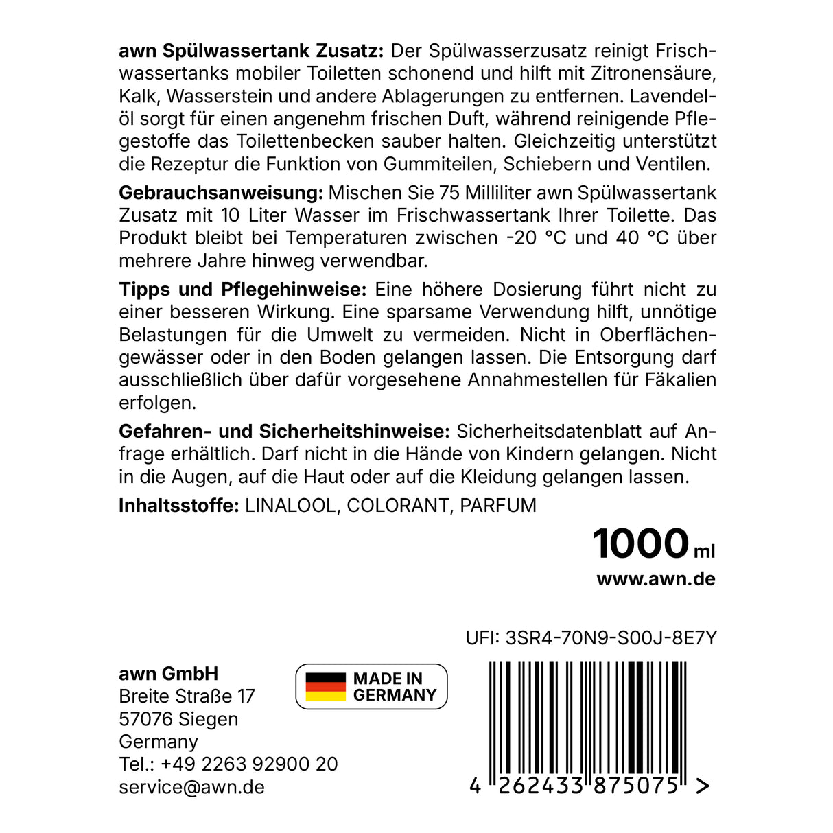 awn Spülwassertank-Zusatz für mobile Toiletten mit Lavendelduft, 1 Liter