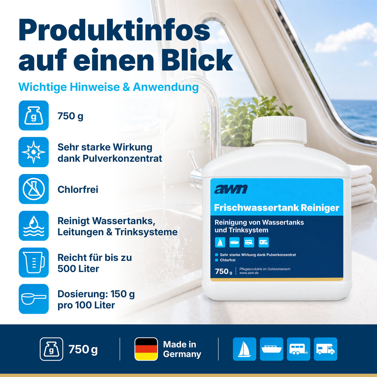 awn Frischwassertank Reiniger, chlorfreie Reinigung für Tanks und Leitungen mit aktivem Sauerstoff, 750 g