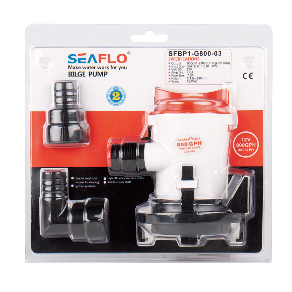 SEAFLO Bilge Pump 12V/24V Stainless Steel Shaft, High Performance Pump, Easy to Clean - 350 - 800 G