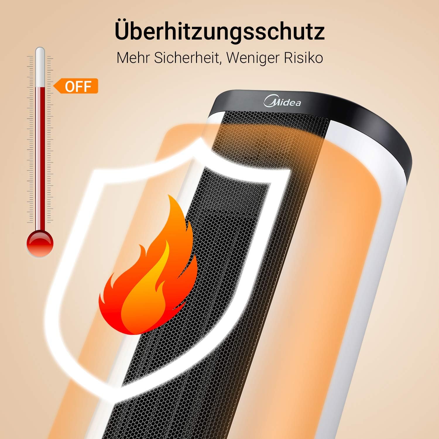 Midea Turmheizlüfter 1200/2000W schwarz/weiß, Heizgebläse mit Eco-Modus, Oszillation & Fernbedienung