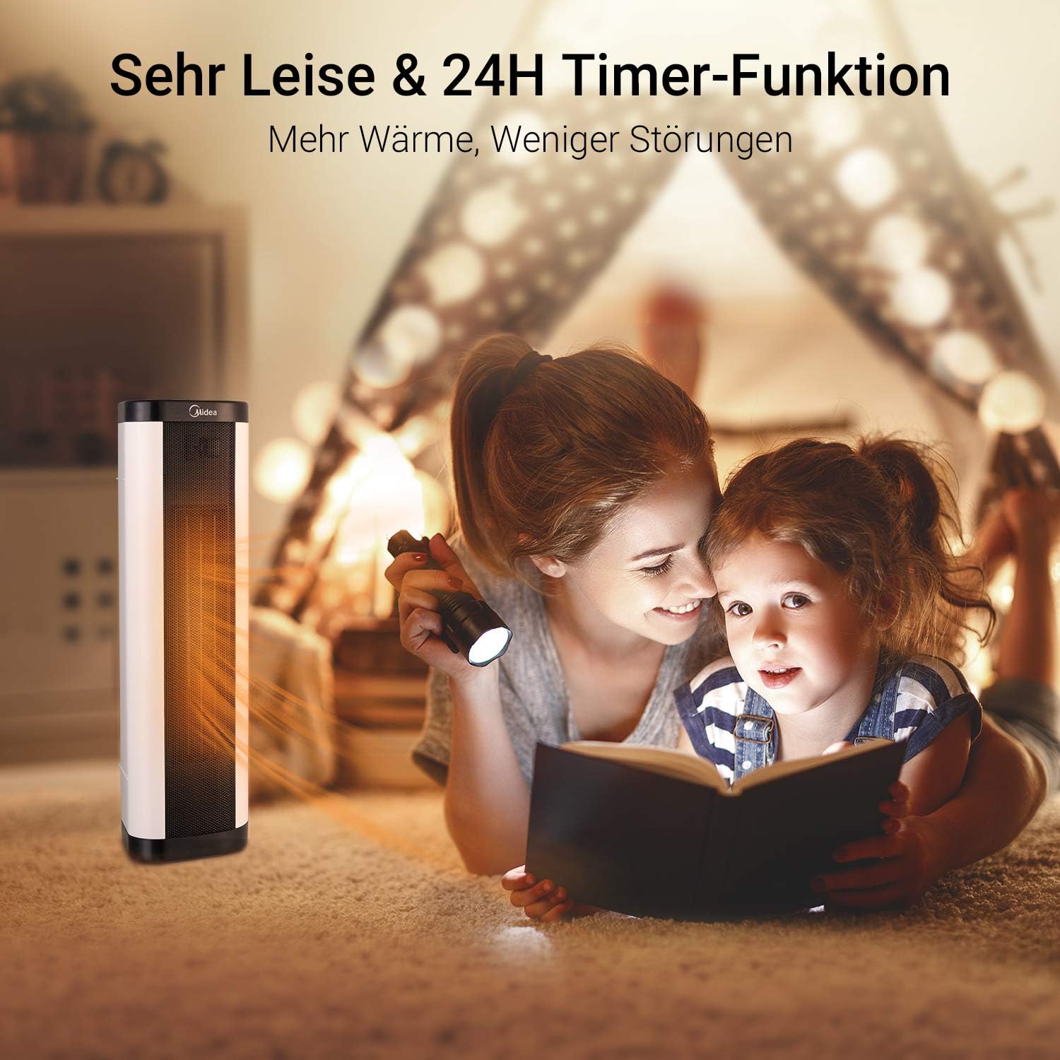 Midea Turmheizlüfter 1200/2000W schwarz/weiß, Heizgebläse mit Eco-Modus, Oszillation & Fernbedienung