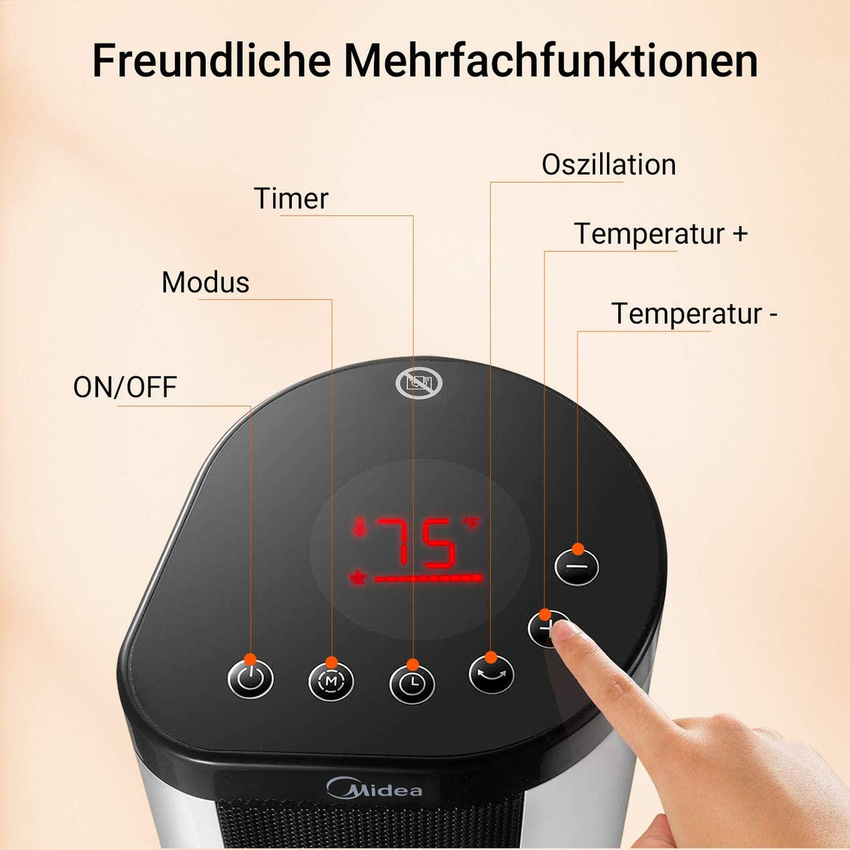 Midea Turmheizlüfter 1200/2000W schwarz/weiß, Heizgebläse mit Eco-Modus, Oszillation & Fernbedienung