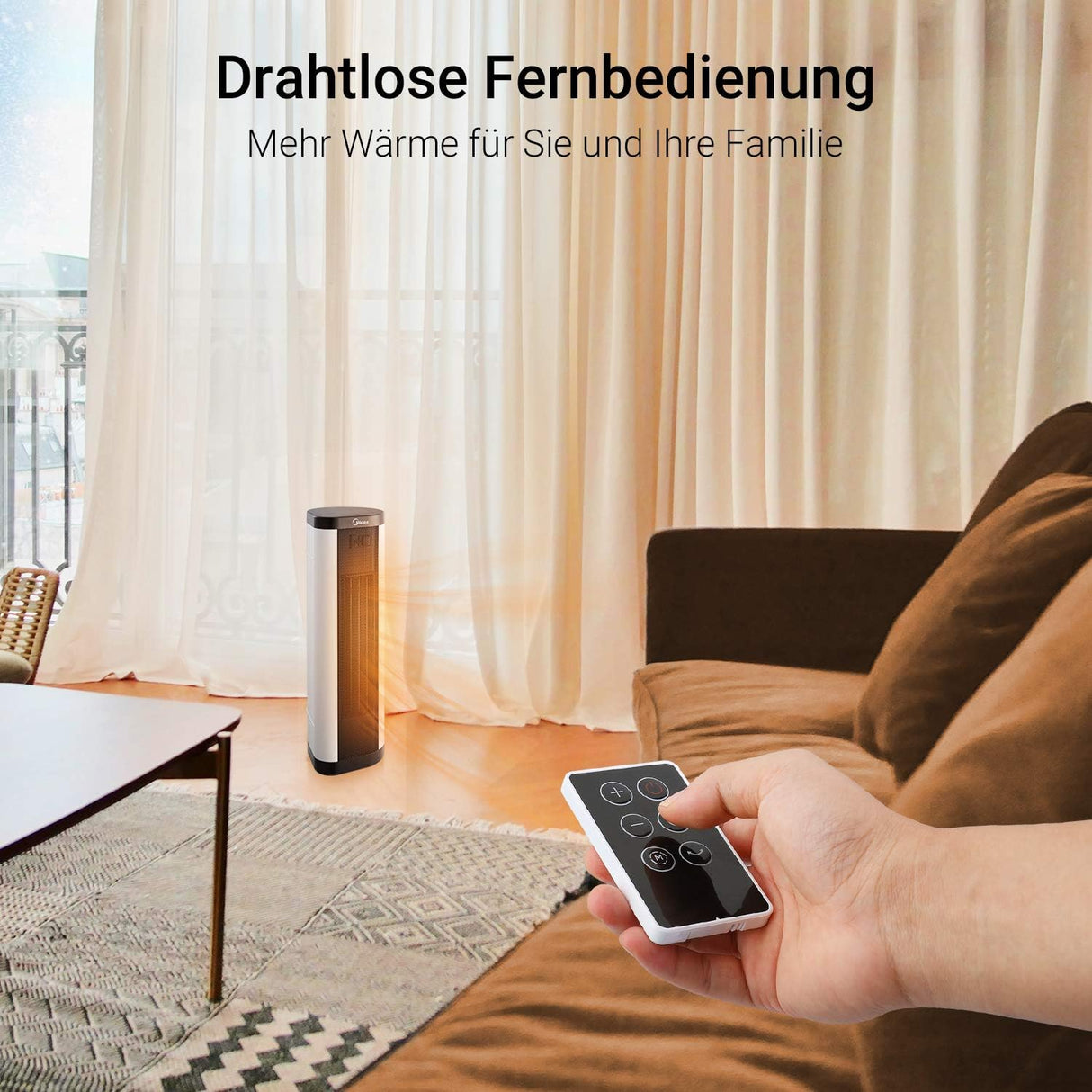 Midea Turmheizlüfter 1200/2000W schwarz/weiß, Heizgebläse mit Eco-Modus, Oszillation & Fernbedienung
