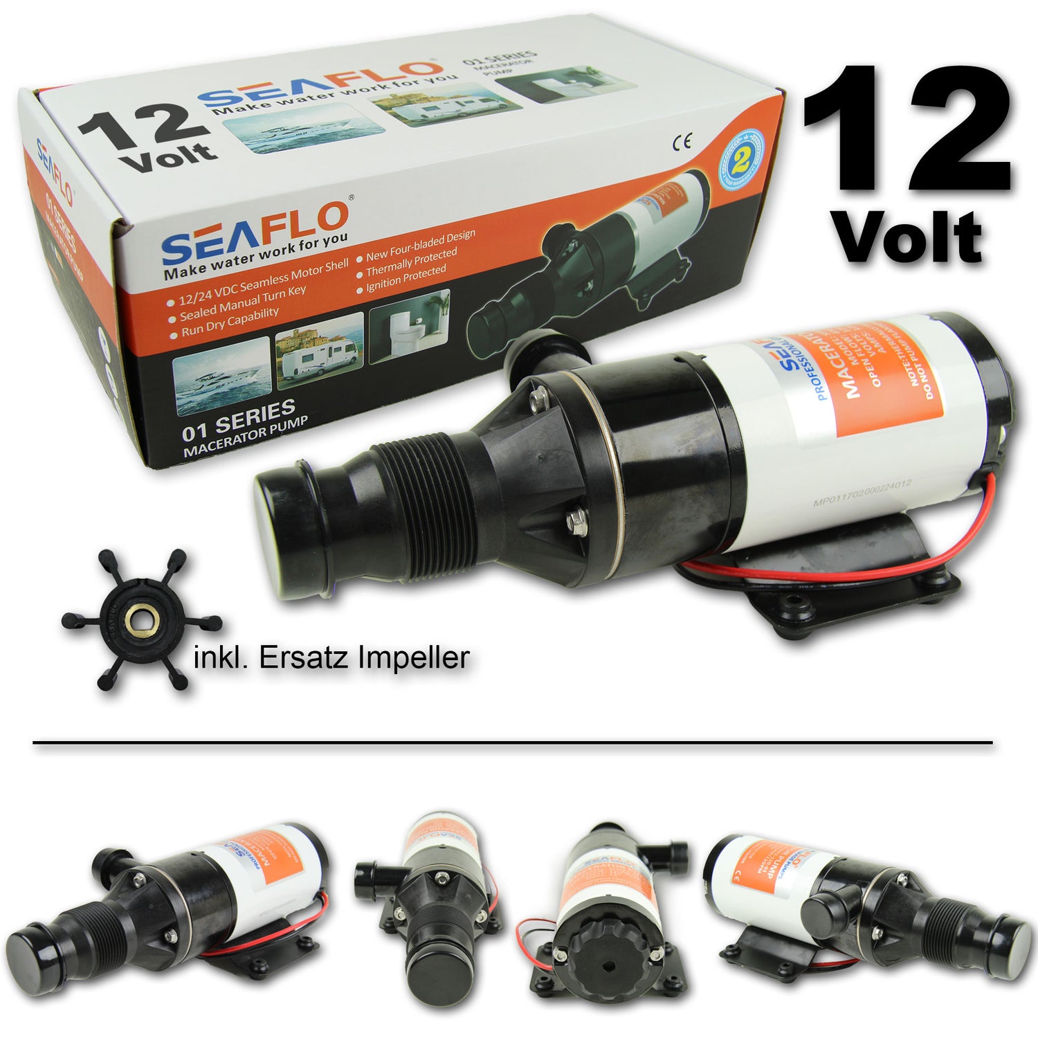SEAFLO Zerhackerpumpe Fäkalienpumpe 12V/24V für Boot, Wohnmobil & Gartenhaus - robust und selbstansaugend - (Optional mit Impeller)