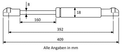 Gasdruckfeder 392mm / 160mm mit Kugelkopfaufnahme Schwarz