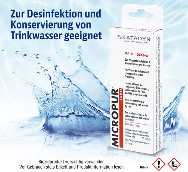 Katadyn Wasserdesinfektionstabletten Effiziente Entkeimung, Trinkwasserreinigung, Eliminiert Bakterien und Viren in 30 Minuten, Silberionen Langzeitschutz, 4 x 25 Tabletten