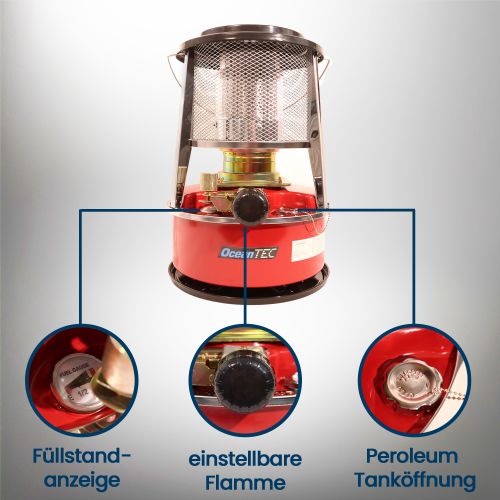 OceanTEC Petroleum-Heizung 5,3 L Tank – 8.400–10.000 BTU/h (2,46–2,93 kW) – mit Flammlöschfunktion & Kippschutz – Outdoor Heizgerät für Boot, Camping & Garten