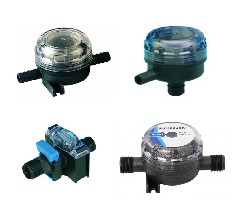 JABSCO Vorfilter für Druckwasserpumpen, transparentes Gehäuse, einfache Reinigung, robuster korrosionsbeständiger Schutz - (Optional mit Schnellkupplung, Schlauch- und Gewindeanschluss)