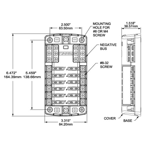 Blue Sea Fuse Block 12 Circuit Blade Fuse, Distribution Bus Bolt 10-32, for ATO/ATC Fuses, Covered/Uncovered Models, ABYC/USCG Compliant
