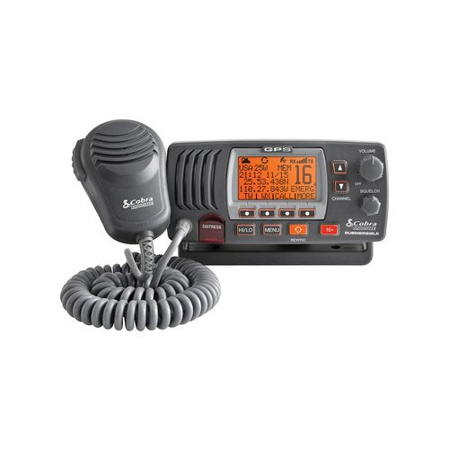 Cobra UKW Einbaufunkgerät Großes LCD-Display, VHF-Marine-Radio, Integrierter GPS-Empfänger IPX8, Rewind-Say-Again-Funktion