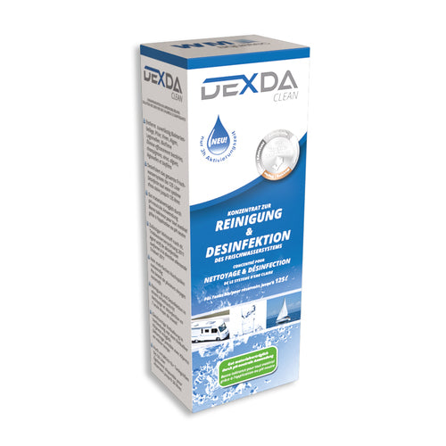 DEXDA Clean Desinfektionskonzentrat Chlordioxidlösung für Tanks, Frischwasserdesinfektion, 2-Komponenten-Schutz gegen Bakterien, Pilze, Viren, Legionellen, geruchsneutral, für 50-500 Liter