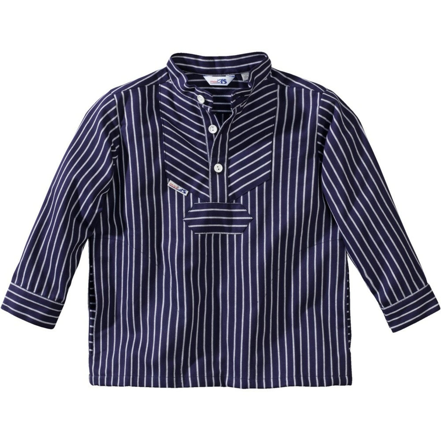 Finkenwerder Fischerhemd navy gestreift aus 100% Baumwoll-Twill, klassisches maritimes Design mit Knopfleiste und Stehkragen - 46 - 176