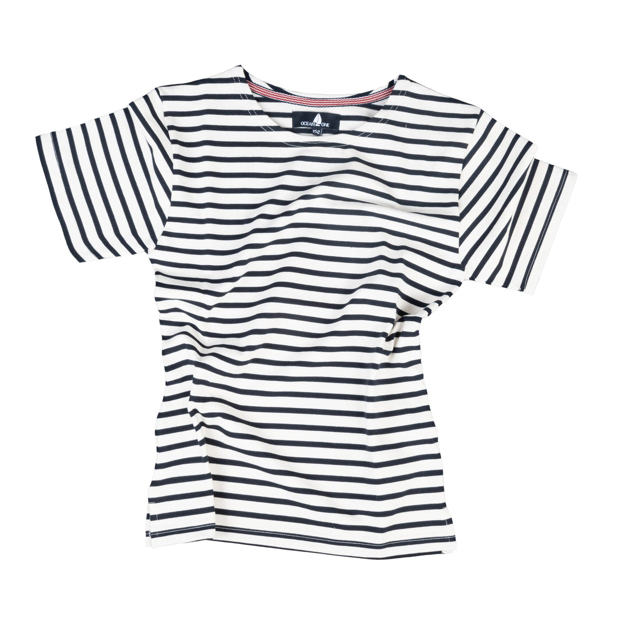 OCEAN ONE Bretonisches Fischerhemd Kinder Kurzarm, Streifen-Design, 100 % Baumwolle - 92 - 164 (Optional mit Farben wollweiß-marine, marine-wollweiß)