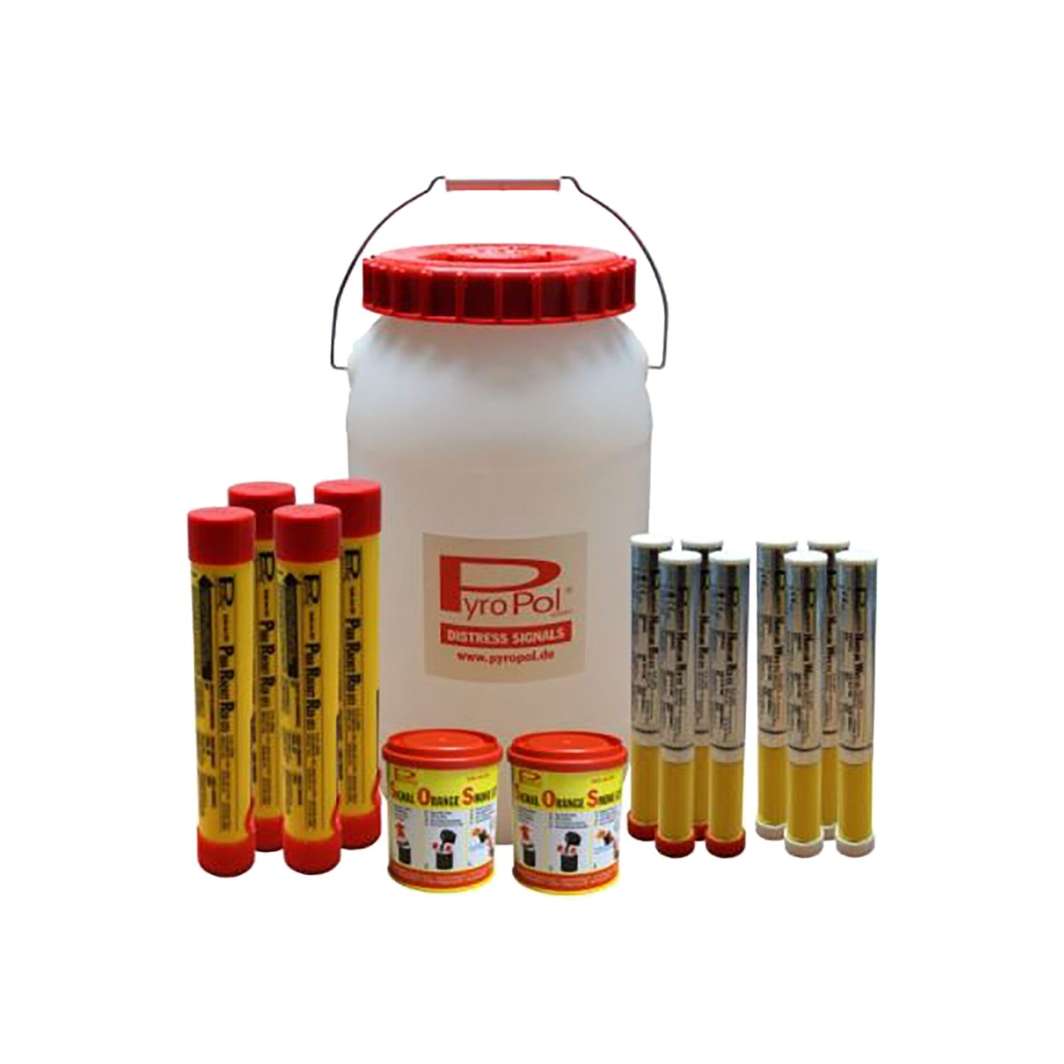 Emergency signal set Regatta rescue set Parachute rockets and hand flares for safety at sea