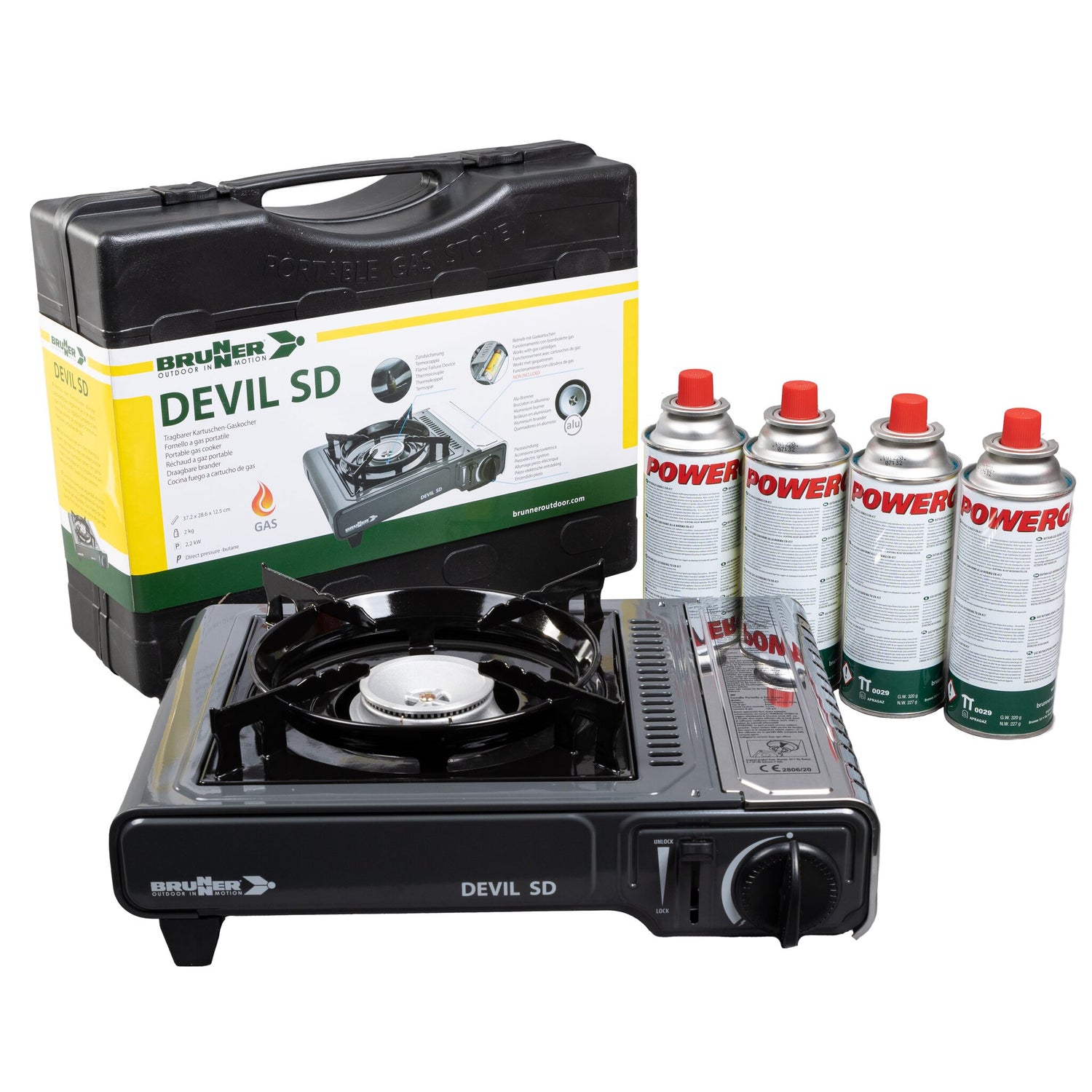 Brunner Gaskocher DEVIL SD, Campingkocher mit Zündsicherung, tragbarer Gaskocher für Reisen und Outdoor-Aktivitäten - (Optional mit 4 Gas-Kartuschen)