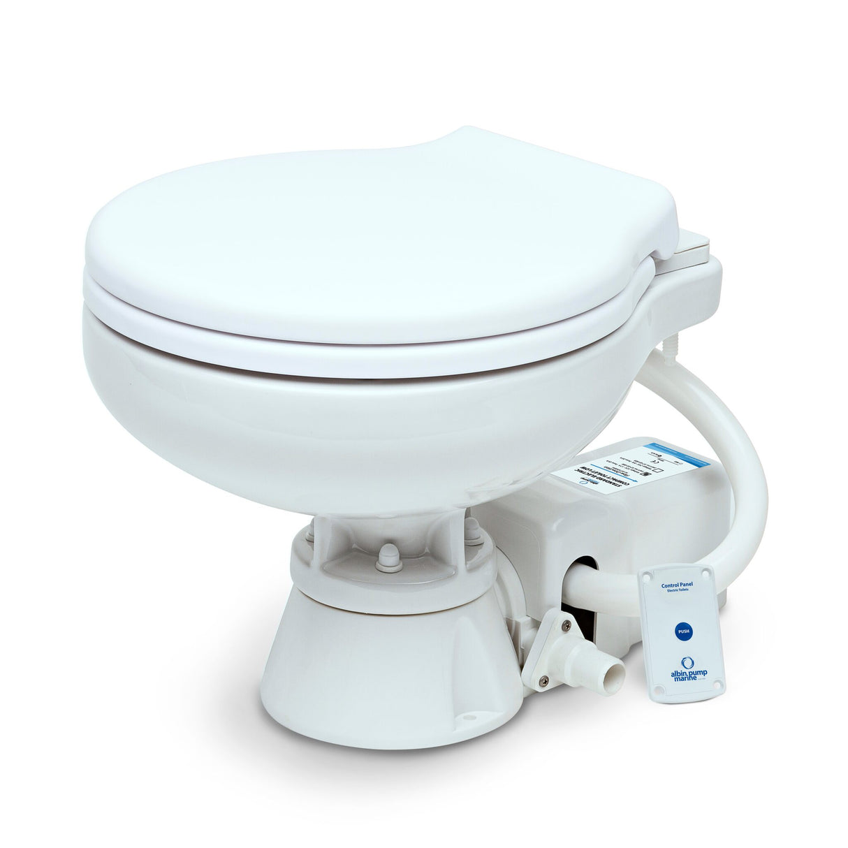 Albin Pump Marine Toilette STANDARD ELEKTRO WCs mit 12 Volt, elektrischem Zerkleinerer und Pumpe, One-Touch-Bedienfeld, weißes Keramikbecken und Holzsitz -