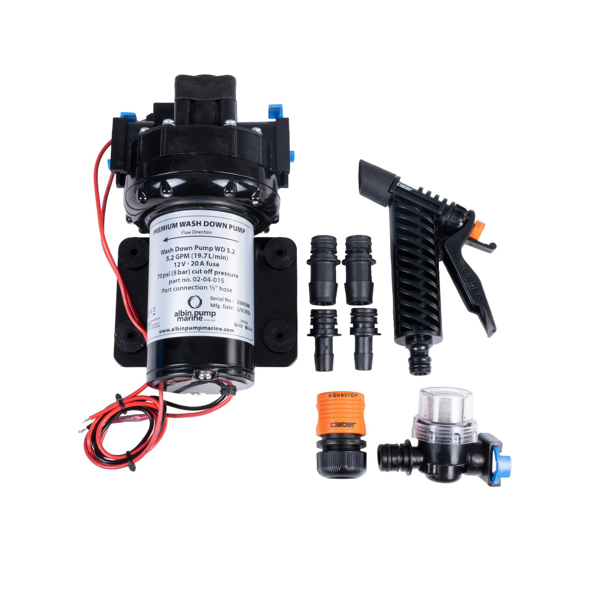 Albin Pump Deckwaschpumpe 12V 20 l/min Druckabschaltung 5 bar, Wasserpumpe, Schnellanschluss & Einlasssieb