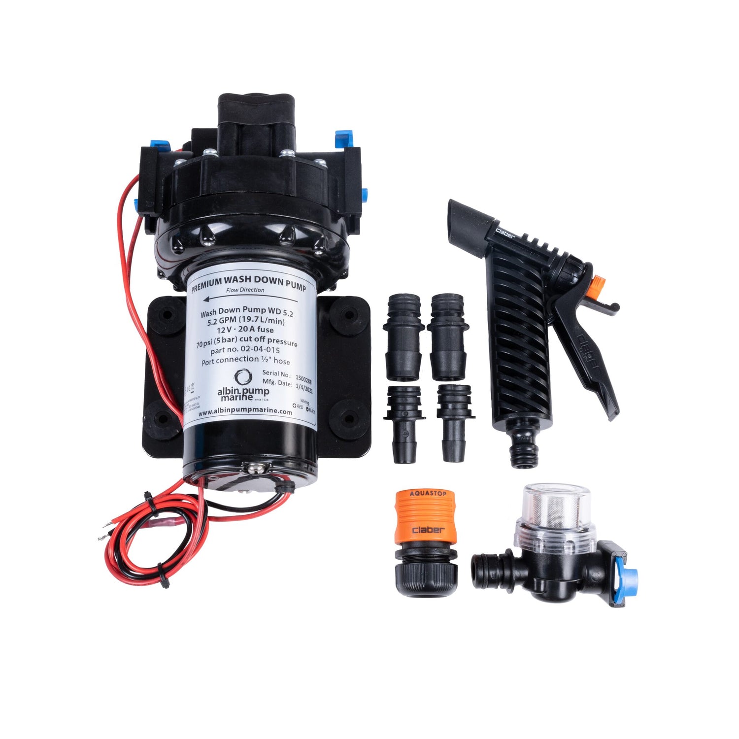 Albin Pump Deckwaschpumpe 12V 20 l/min Druckabschaltung 5 bar, Wasserpumpe, Schnellanschluss & Einlasssieb