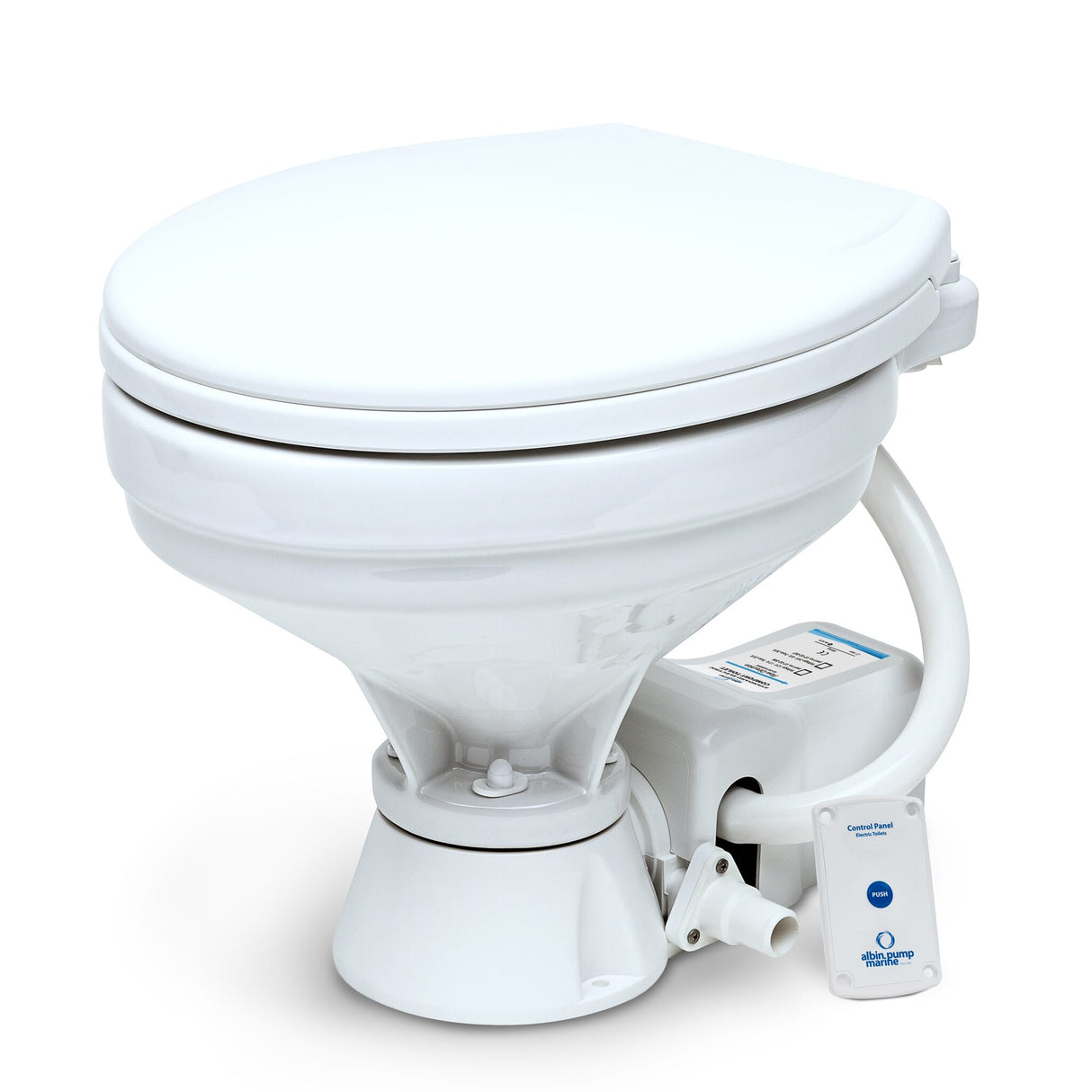 Albin Pump Marine Toilette STANDARD ELEKTRO WCs mit 12 Volt, elektrischem Zerkleinerer und Pumpe, One-Touch-Bedienfeld, weißes Keramikbecken und Holzsitz -
