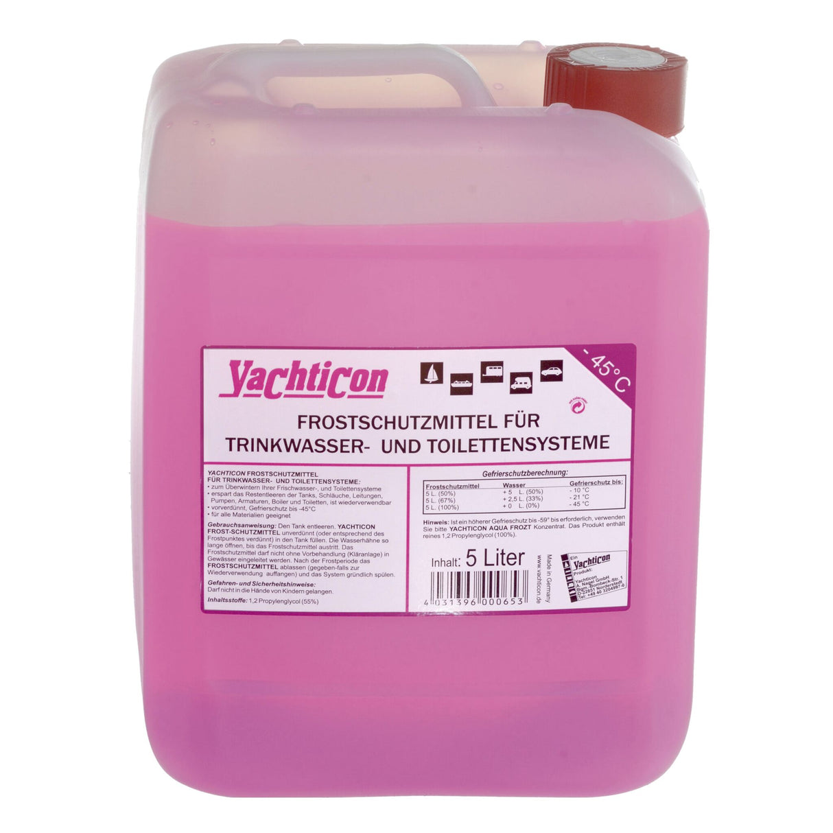 Yachticon Frostschutzmittel Gefrierschutz bis -45 °C, Antifrostmittel, Einfache Anwendung für Trinkwasser- und Toilettensysteme