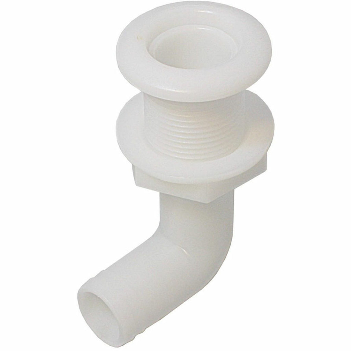 Borddurchlass 90°-Schlauchtülle, weißer Acetal-Kunststoff, nicht unter Wasserlinie geeignet - 3/4" - 1 1/2" Gewinde