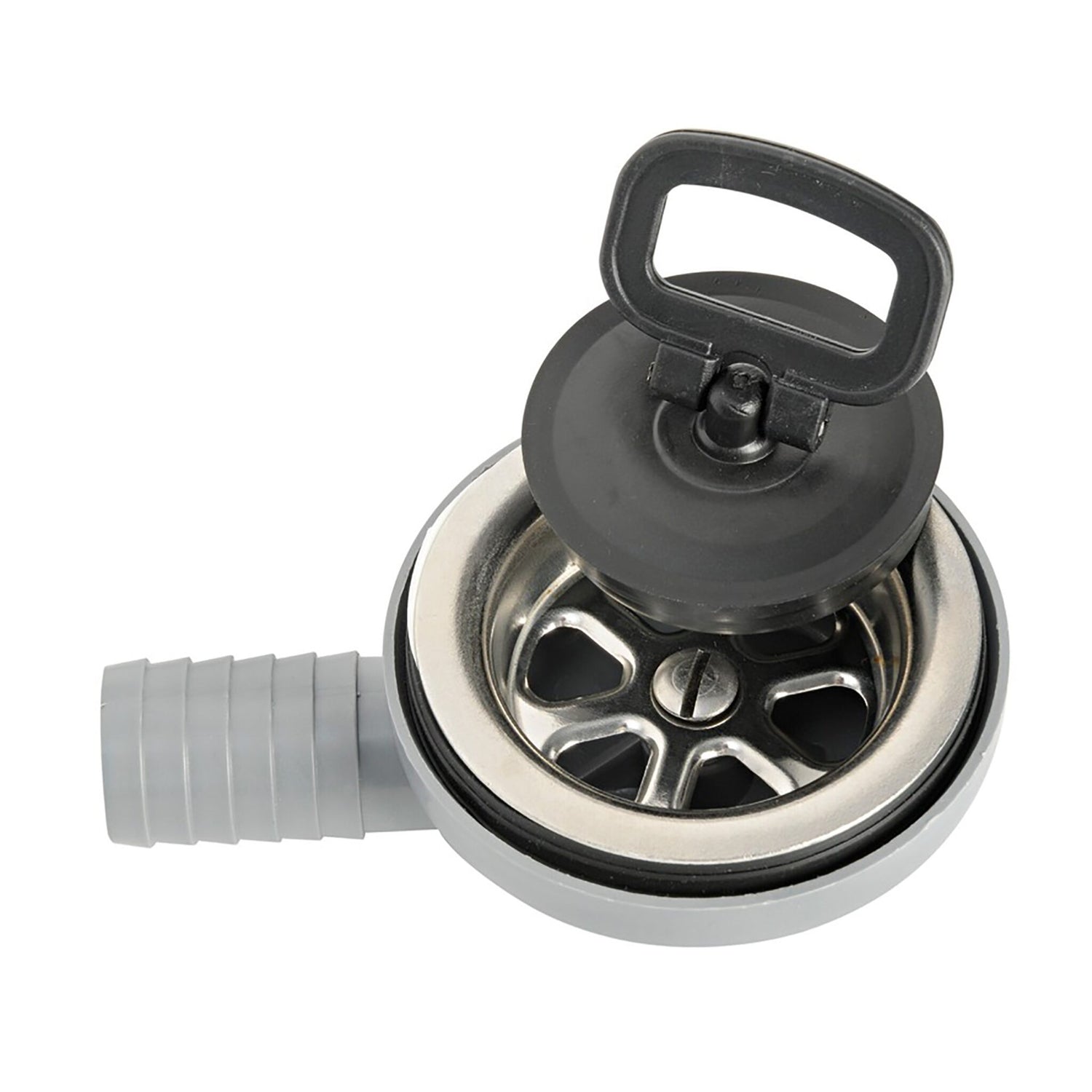 Ablaufgarnitur Edelstahl mit Sieb und Stöpsel, Abflusssystem, Schlauch-Innendurchmesser 20 mm, Sieb-Durchmesser 70 mm, 90° Design