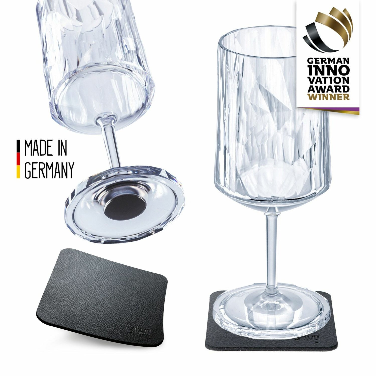 silwy Kunststoffgläser-Set Magnet-Weingläser, bruchsicher & kratzfest, mit Gel-Untersetzer