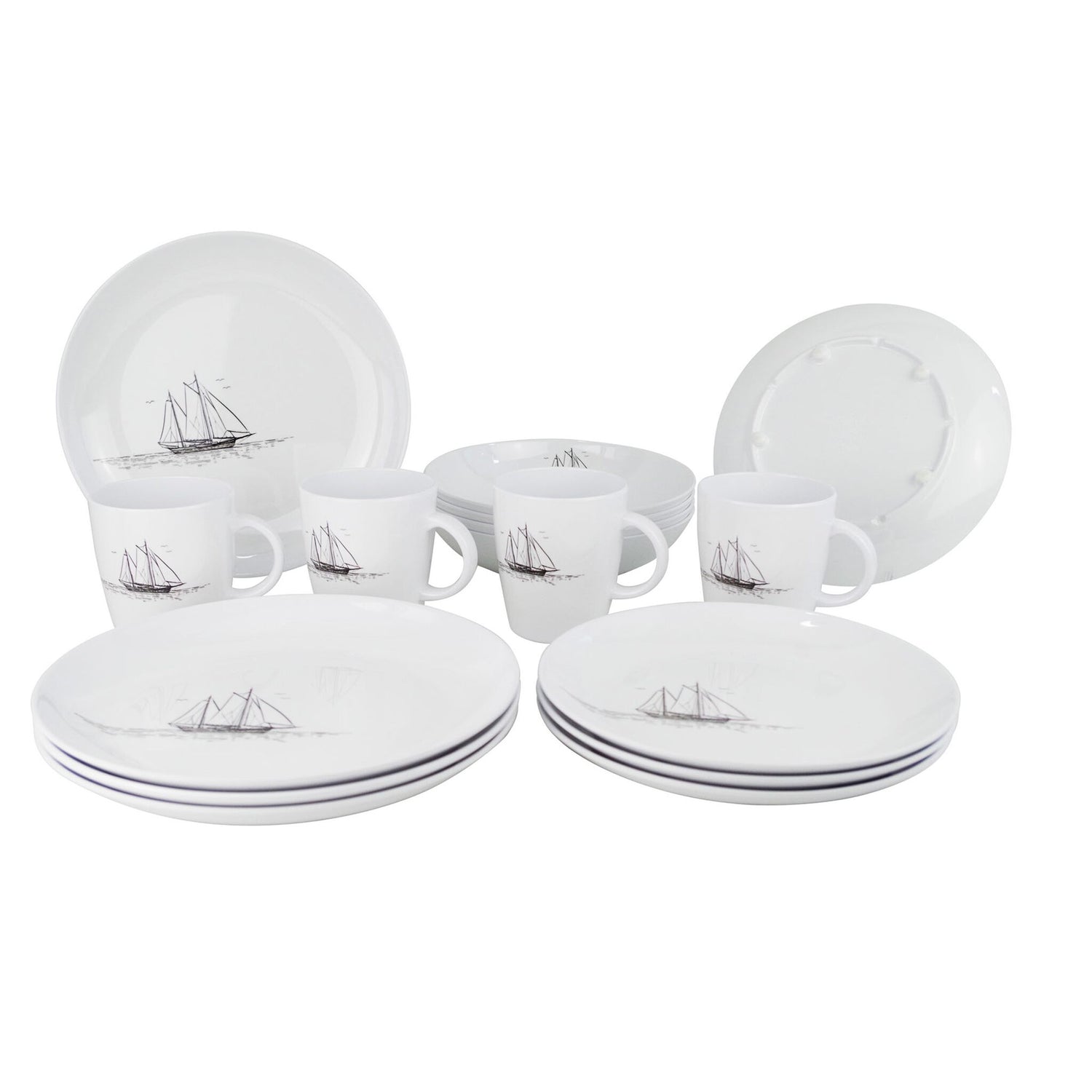 Gimex Geschirrset 16-teilig maritimes Design, Teller-Set, anti-Rutsch Füßchen Geräuschreduktion